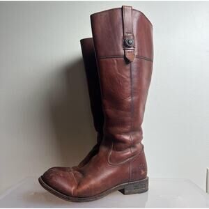 Frye Jayden Button Redwood Brown Knee High Leather Riding Boots Size 8 Women’s